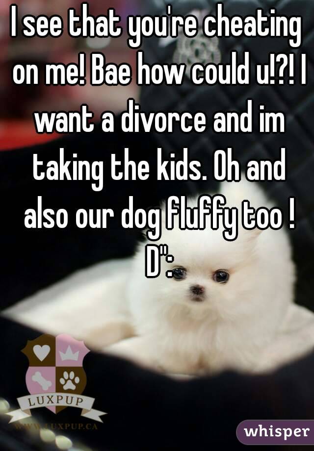 I see that you're cheating on me! Bae how could u!?! I want a divorce and im taking the kids. Oh and also our dog fluffy too ! D":