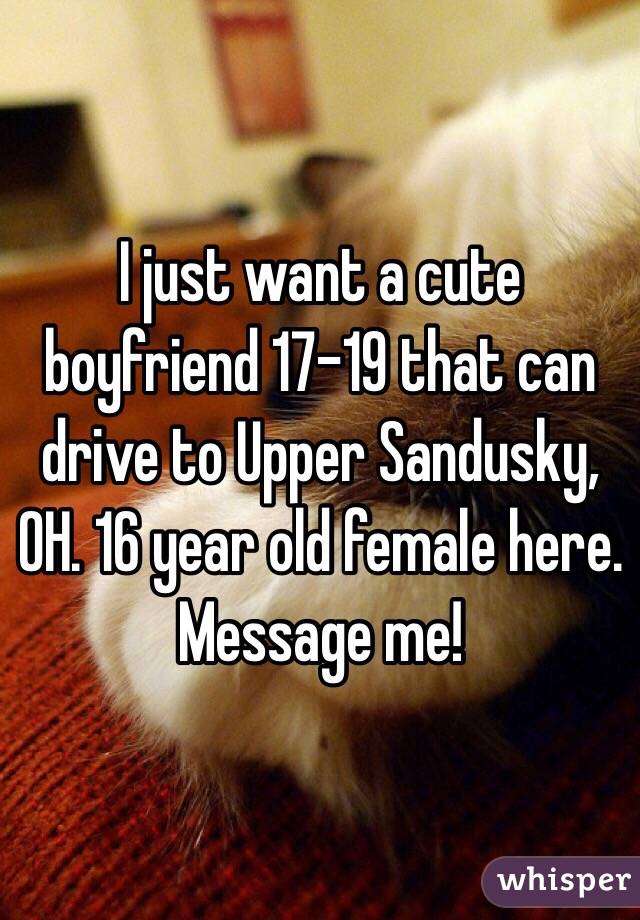  I just want a cute boyfriend 17-19 that can drive to Upper Sandusky, OH. 16 year old female here. Message me!