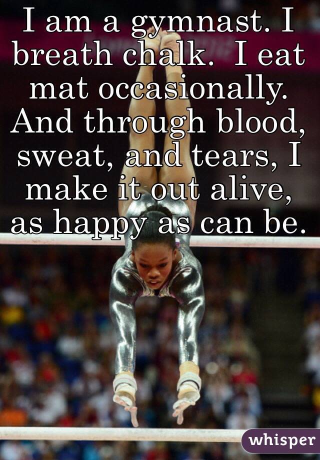 I am a gymnast. I breath chalk.  I eat mat occasionally. And through blood, sweat, and tears, I make it out alive, as happy as can be.