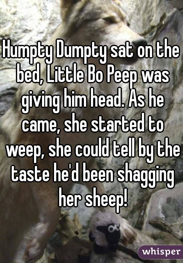 Humpty Dumpty sat on the bed, Little Bo Peep was giving him head. As he came, she started to weep, she could tell by the taste he'd been shagging her sheep!