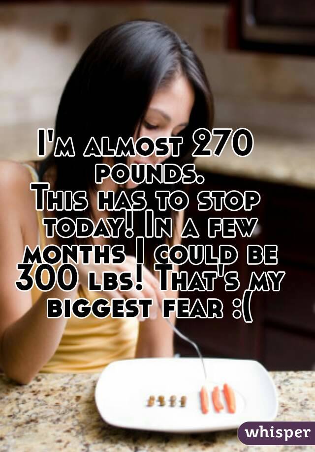 I'm almost 270 pounds.
This has to stop today! In a few months I could be 300 lbs! That's my biggest fear :(
