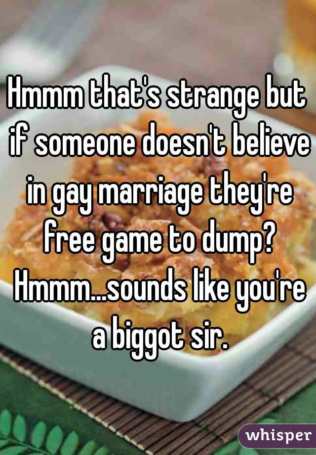Hmmm that's strange but if someone doesn't believe in gay marriage they're free game to dump? Hmmm...sounds like you're a biggot sir.