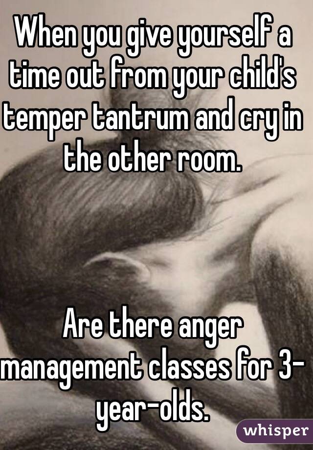 When you give yourself a time out from your child's temper tantrum and cry in the other room. 



Are there anger management classes for 3-year-olds. 
