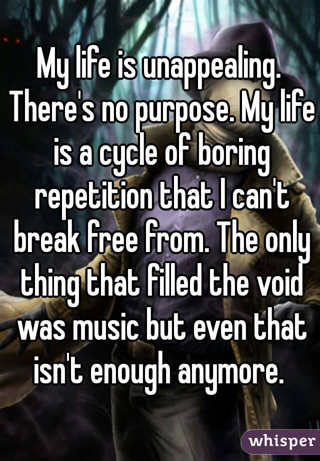 My life is unappealing. There's no purpose. My life is a cycle of boring repetition that I can't break free from. The only thing that filled the void was music but even that isn't enough anymore. 