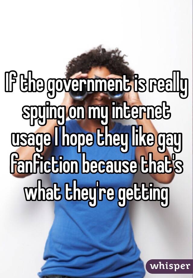 If the government is really spying on my internet usage I hope they like gay fanfiction because that's what they're getting 