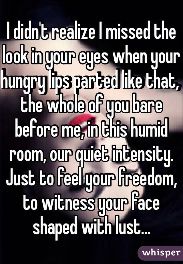 I didn't realize I missed the look in your eyes when your hungry lips parted like that, the whole of you bare before me, in this humid room, our quiet intensity. Just to feel your freedom, to witness your face shaped with lust...