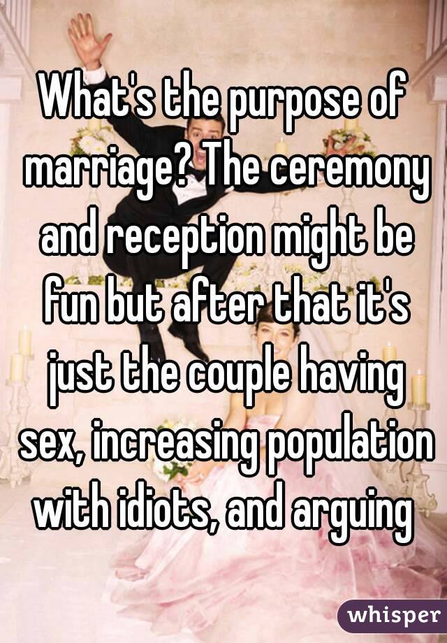 What's the purpose of marriage? The ceremony and reception might be fun but after that it's just the couple having sex, increasing population with idiots, and arguing 