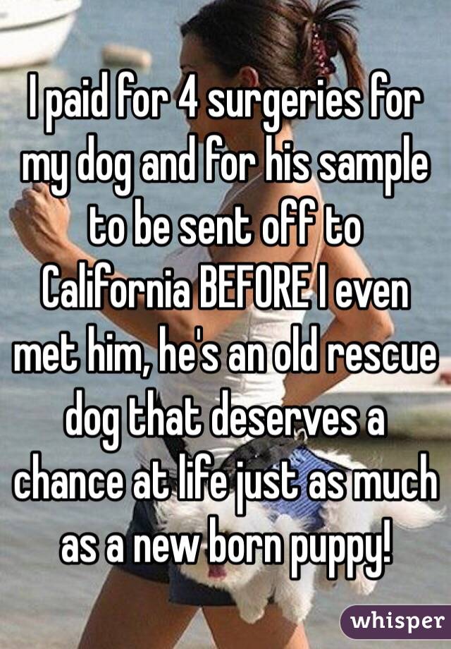 I paid for 4 surgeries for my dog and for his sample to be sent off to California BEFORE I even met him, he's an old rescue dog that deserves a chance at life just as much as a new born puppy! 