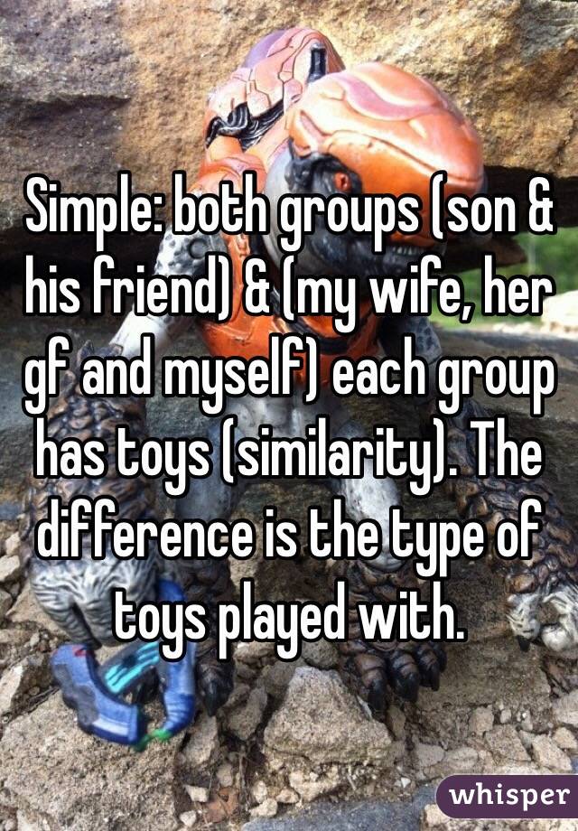 Simple: both groups (son & his friend) & (my wife, her gf and myself) each group has toys (similarity). The difference is the type of toys played with.