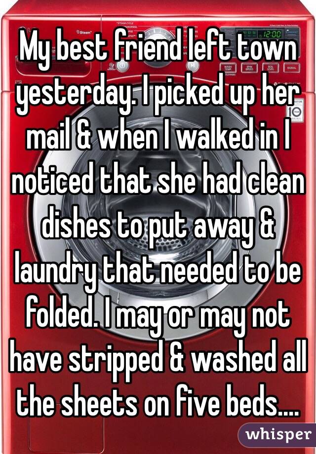My best friend left town yesterday. I picked up her mail & when I walked in I noticed that she had clean dishes to put away & laundry that needed to be folded. I may or may not have stripped & washed all the sheets on five beds....