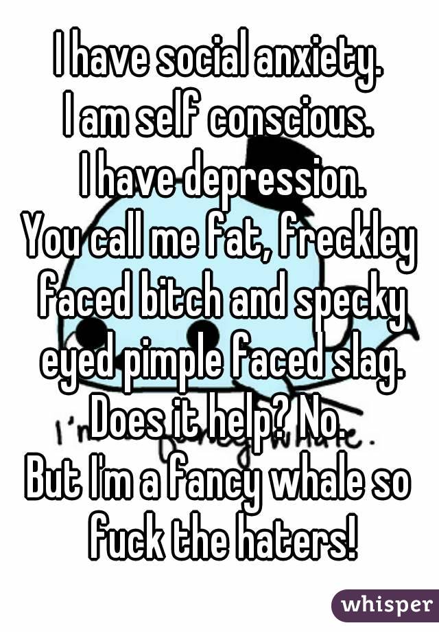 I have social anxiety.
I am self conscious.
 I have depression.
You call me fat, freckley faced bitch and specky eyed pimple faced slag.
Does it help? No.
But I'm a fancy whale so fuck the haters!