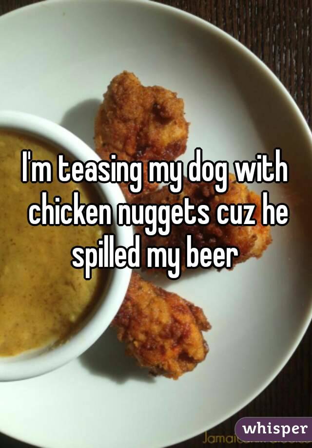 I'm teasing my dog with chicken nuggets cuz he spilled my beer 