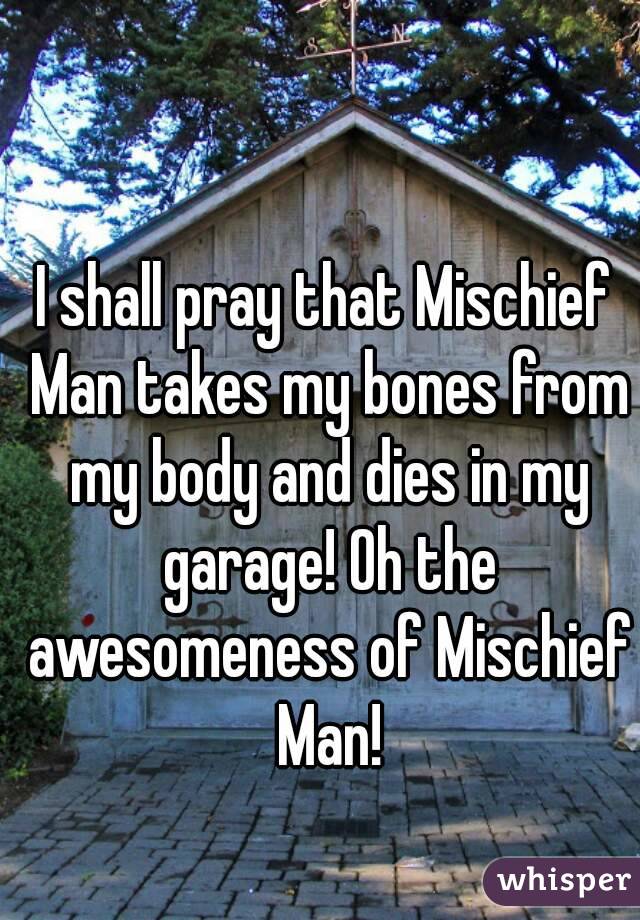 I shall pray that Mischief Man takes my bones from my body and dies in my garage! Oh the awesomeness of Mischief Man!
