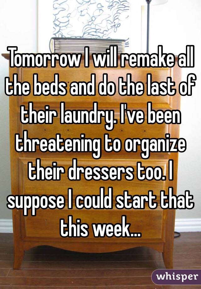 Tomorrow I will remake all the beds and do the last of their laundry. I've been threatening to organize their dressers too. I suppose I could start that this week...