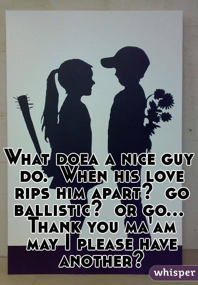What doea a nice guy do.  When his love rips him apart?  go ballistic?  or go...  Thank you ma'am may I please have another?