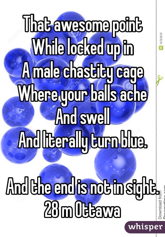 That awesome point
While locked up in
A male chastity cage
Where your balls ache
And swell
And literally turn blue. 

And the end is not in sight. 
28 m Ottawa 