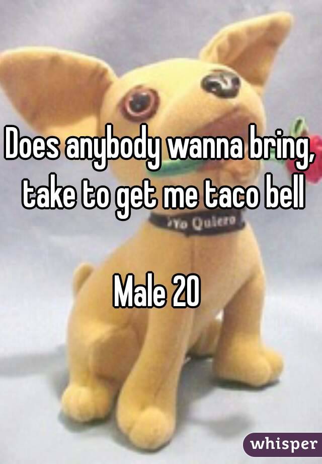 Does anybody wanna bring, take to get me taco bell

Male 20 

