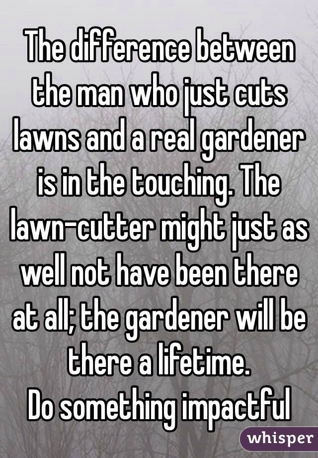 The difference between the man who just cuts lawns and a real gardener is in the touching. The lawn-cutter might just as well not have been there at all; the gardener will be there a lifetime.
Do something impactful 
