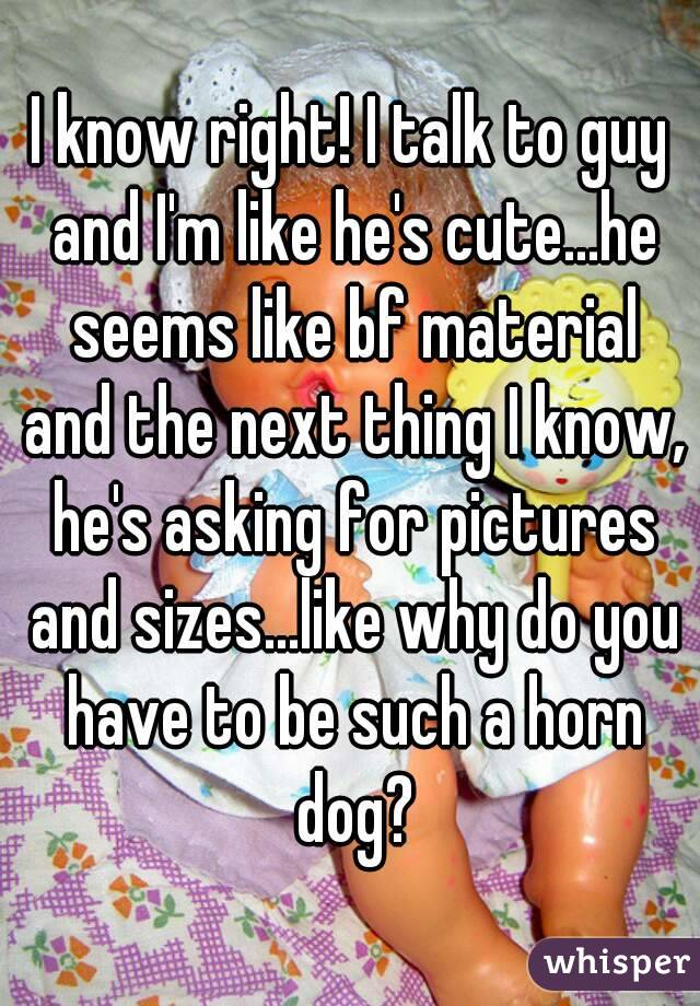 I know right! I talk to guy and I'm like he's cute...he seems like bf material and the next thing I know, he's asking for pictures and sizes...like why do you have to be such a horn dog?