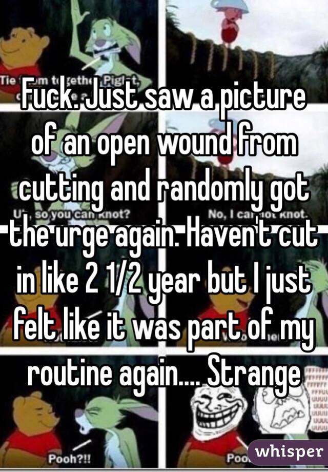 Fuck. Just saw a picture of an open wound from cutting and randomly got the urge again. Haven't cut in like 2 1/2 year but I just felt like it was part of my routine again.... Strange 