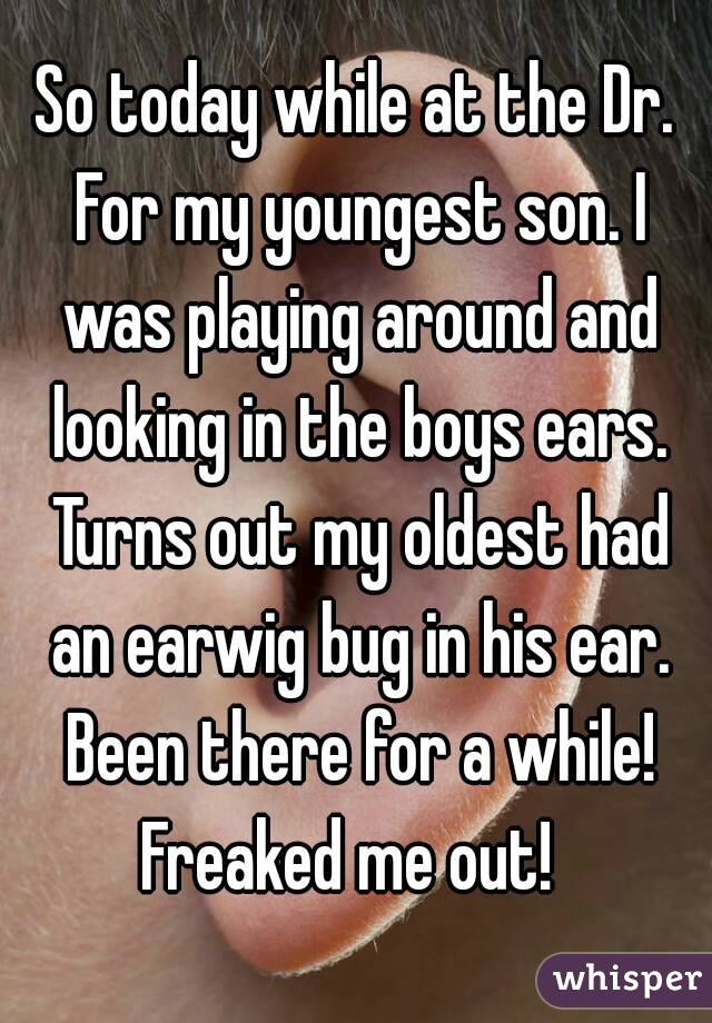 So today while at the Dr. For my youngest son. I was playing around and looking in the boys ears. Turns out my oldest had an earwig bug in his ear. Been there for a while! Freaked me out!  