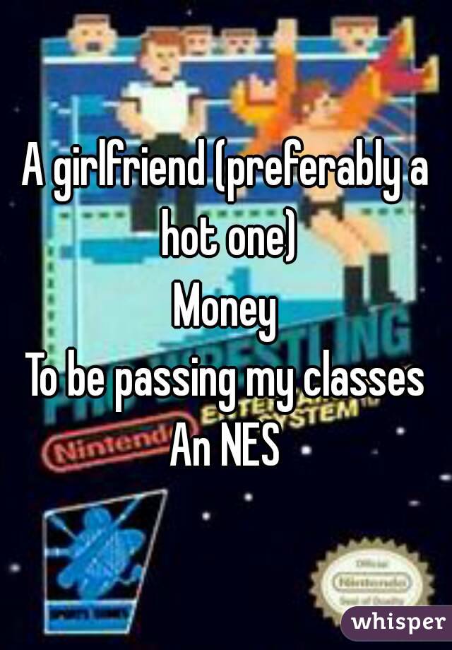 A girlfriend (preferably a hot one)
Money
To be passing my classes
An NES

