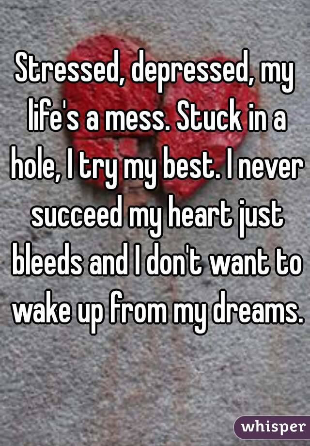 Stressed, depressed, my life's a mess. Stuck in a hole, I try my best. I never succeed my heart just bleeds and I don't want to wake up from my dreams.
