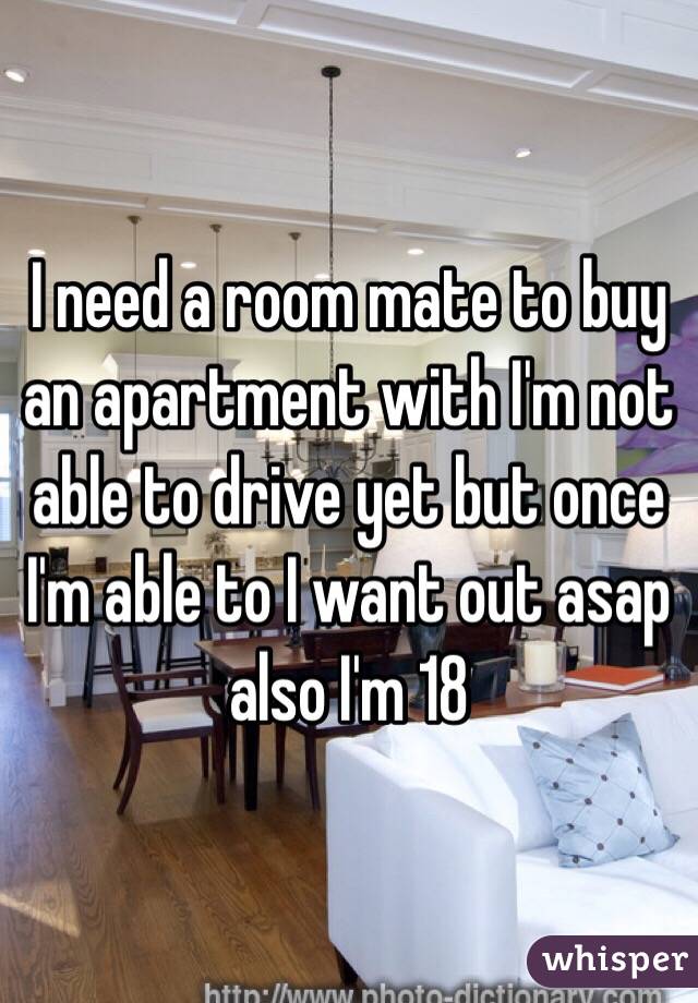 I need a room mate to buy an apartment with I'm not able to drive yet but once I'm able to I want out asap also I'm 18 