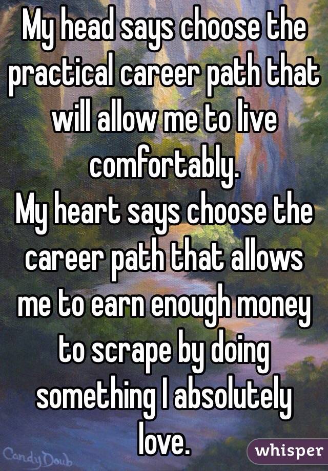 My head says choose the practical career path that will allow me to live comfortably. 
My heart says choose the career path that allows me to earn enough money to scrape by doing something I absolutely love.