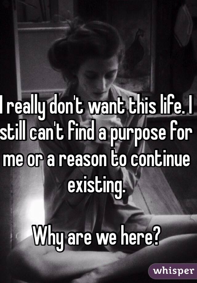 I really don't want this life. I still can't find a purpose for me or a reason to continue existing. 

Why are we here?