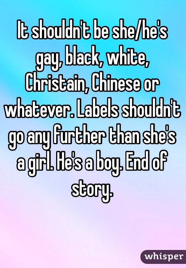 It shouldn't be she/he's gay, black, white, Christain, Chinese or whatever. Labels shouldn't go any further than she's a girl. He's a boy. End of story.