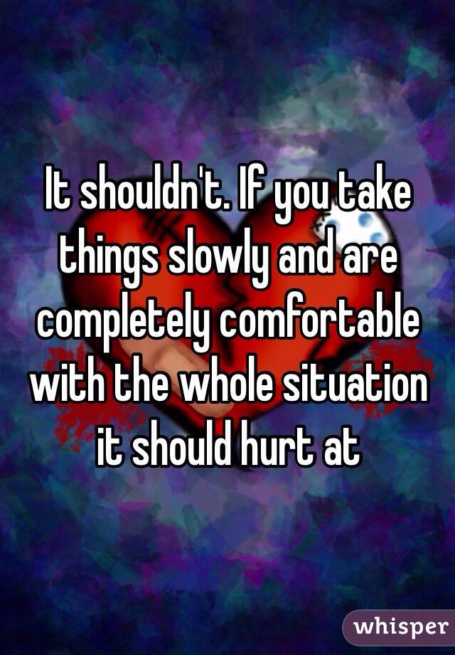 It shouldn't. If you take things slowly and are completely comfortable with the whole situation it should hurt at 