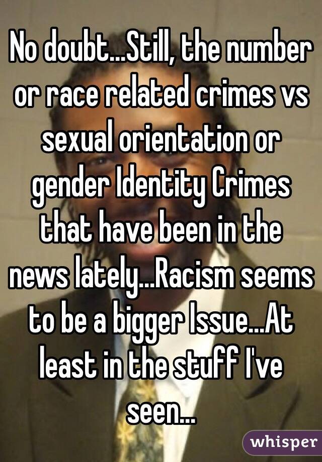 No doubt...Still, the number or race related crimes vs sexual orientation or gender Identity Crimes that have been in the news lately...Racism seems to be a bigger Issue...At least in the stuff I've seen...