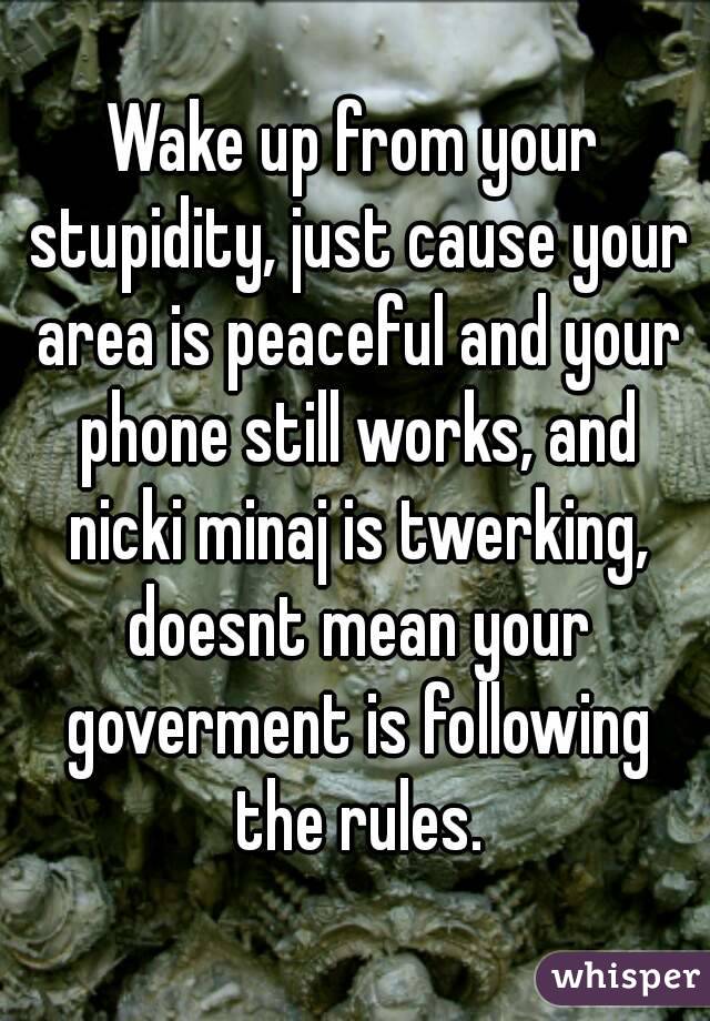 Wake up from your stupidity, just cause your area is peaceful and your phone still works, and nicki minaj is twerking, doesnt mean your goverment is following the rules.