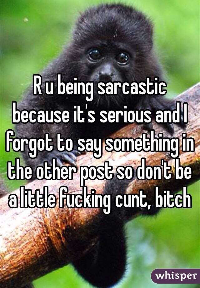 R u being sarcastic because it's serious and I forgot to say something in the other post so don't be a little fucking cunt, bitch