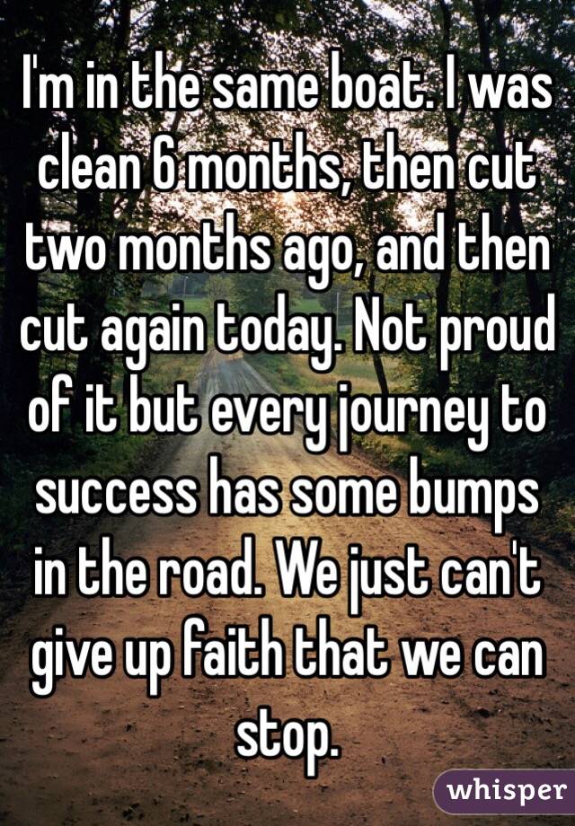 I'm in the same boat. I was clean 6 months, then cut two months ago, and then cut again today. Not proud of it but every journey to success has some bumps in the road. We just can't give up faith that we can stop. 