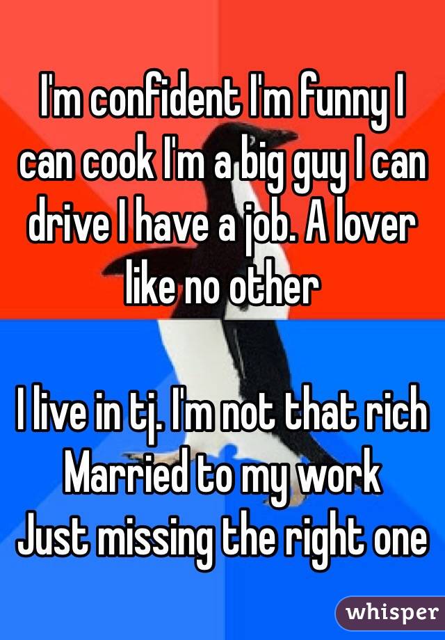 I'm confident I'm funny I can cook I'm a big guy I can drive I have a job. A lover like no other

I live in tj. I'm not that rich
Married to my work 
Just missing the right one
