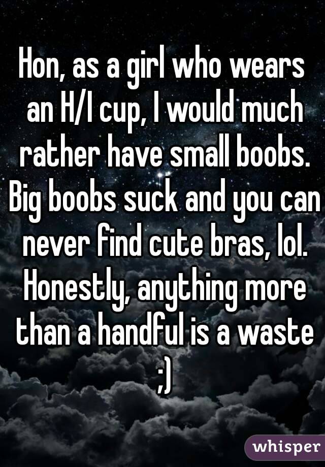 Hon, as a girl who wears an H/I cup, I would much rather have small boobs. Big boobs suck and you can never find cute bras, lol. Honestly, anything more than a handful is a waste ;)
