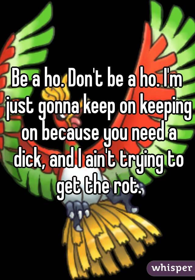 Be a ho. Don't be a ho. I'm just gonna keep on keeping on because you need a dick, and I ain't trying to get the rot.