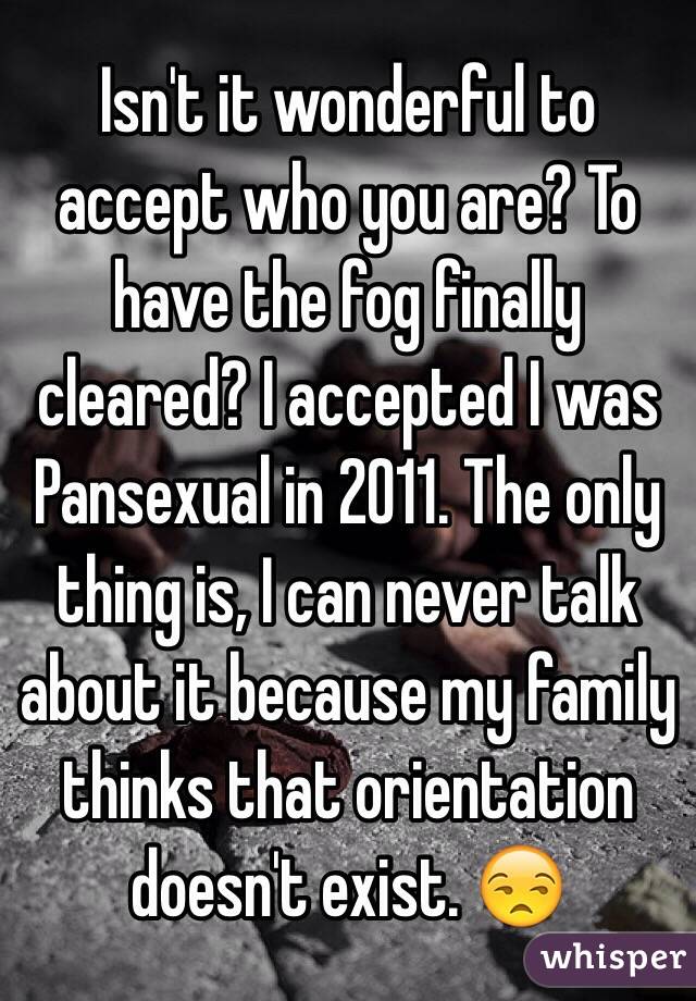 Isn't it wonderful to accept who you are? To have the fog finally cleared? I accepted I was Pansexual in 2011. The only thing is, I can never talk about it because my family thinks that orientation doesn't exist. 😒