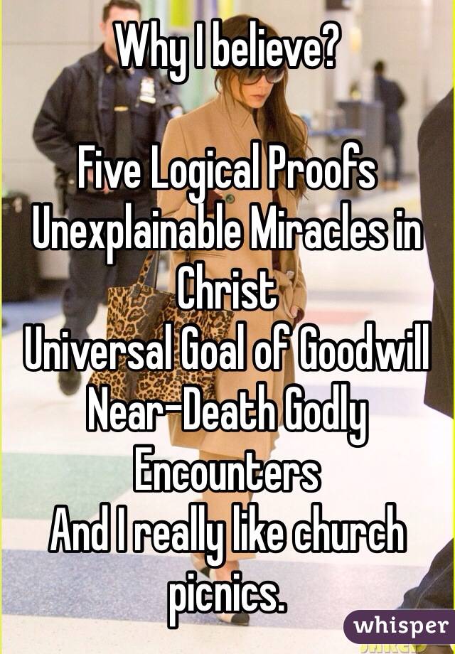 Why I believe?

Five Logical Proofs
Unexplainable Miracles in Christ
Universal Goal of Goodwill
Near-Death Godly Encounters
And I really like church picnics. 