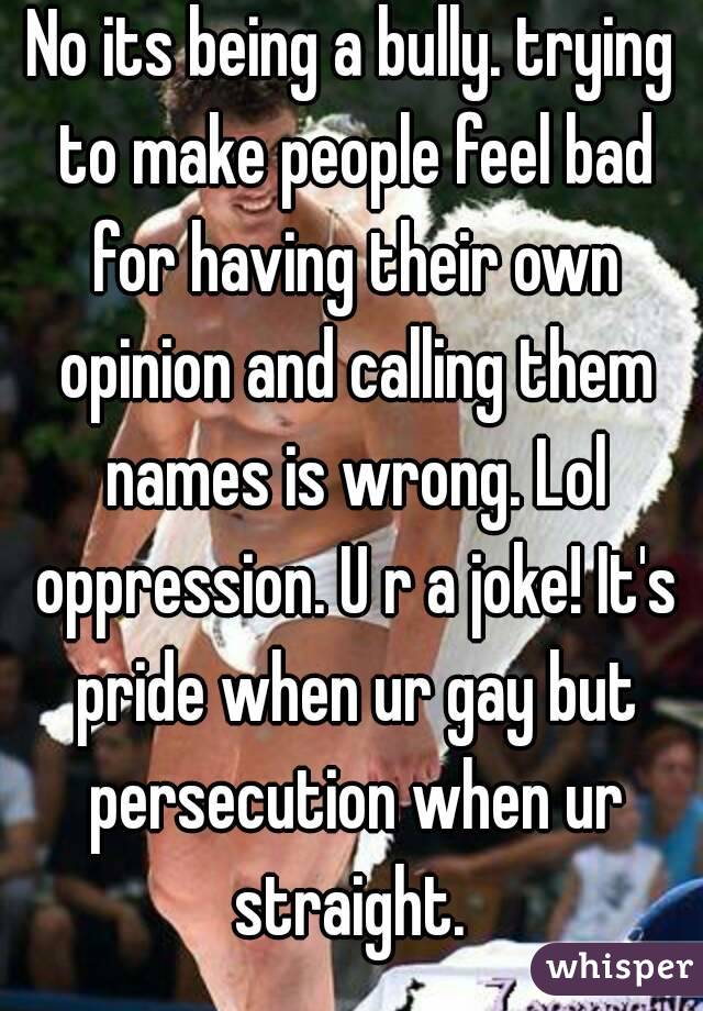 No its being a bully. trying to make people feel bad for having their own opinion and calling them names is wrong. Lol oppression. U r a joke! It's pride when ur gay but persecution when ur straight. 