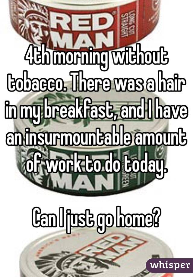 4th morning without tobacco. There was a hair in my breakfast, and I have an insurmountable amount of work to do today. 

Can I just go home? 
