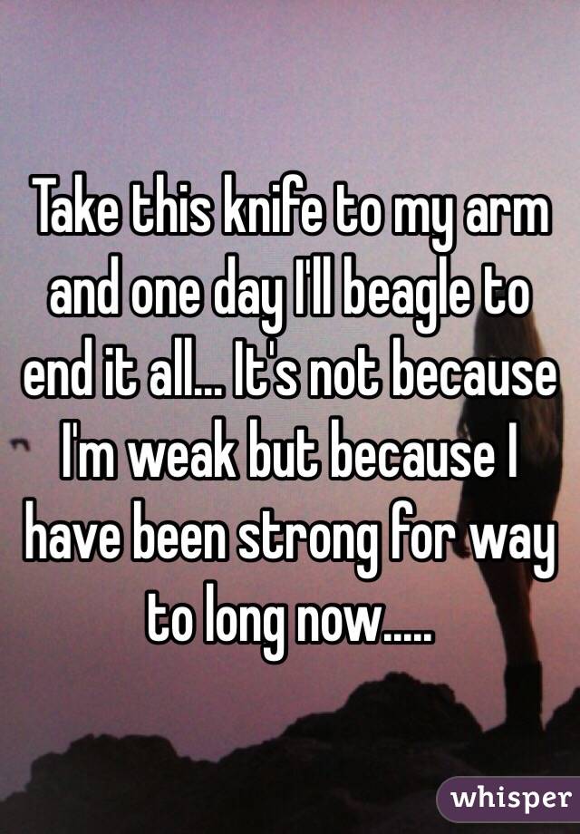 Take this knife to my arm and one day I'll beagle to end it all... It's not because I'm weak but because I have been strong for way to long now.....
