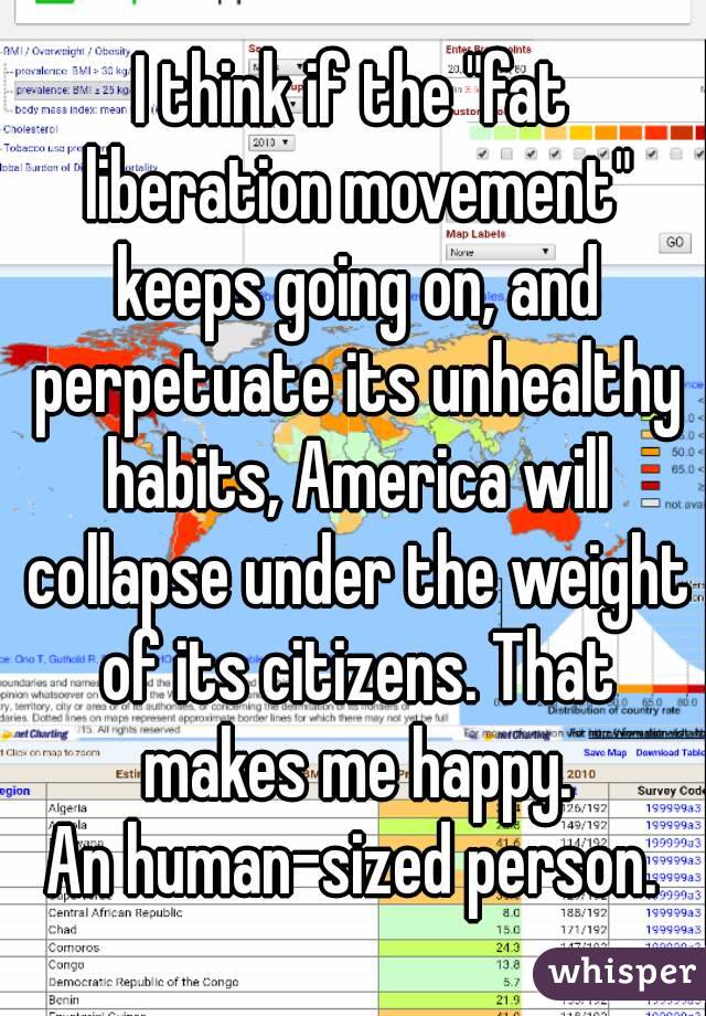I think if the "fat liberation movement" keeps going on, and perpetuate its unhealthy habits, America will collapse under the weight of its citizens. That makes me happy.
An human-sized person.