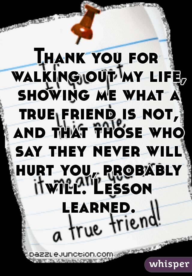 Thank you for walking out my life, showing me what a true friend is not, and that those who say they never will hurt you, probably will. Lesson learned.
