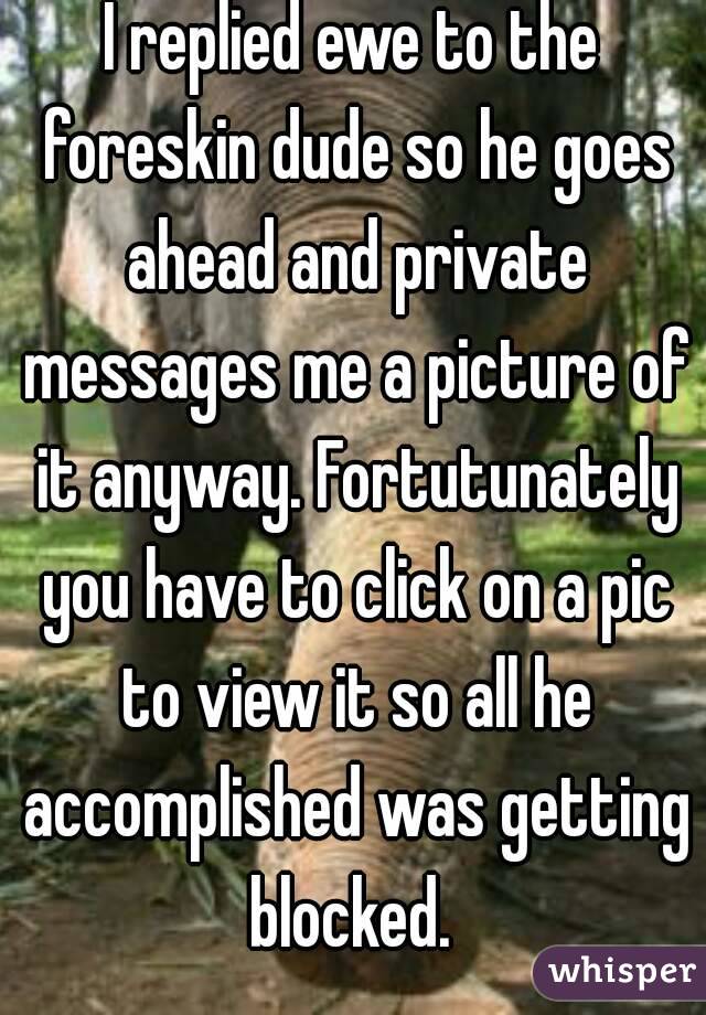 I replied ewe to the foreskin dude so he goes ahead and private messages me a picture of it anyway. Fortutunately you have to click on a pic to view it so all he accomplished was getting blocked. 