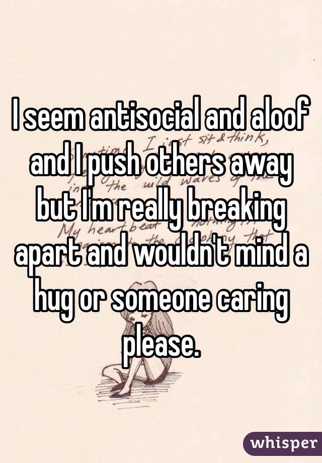 I seem antisocial and aloof and I push others away but I'm really breaking apart and wouldn't mind a hug or someone caring please.