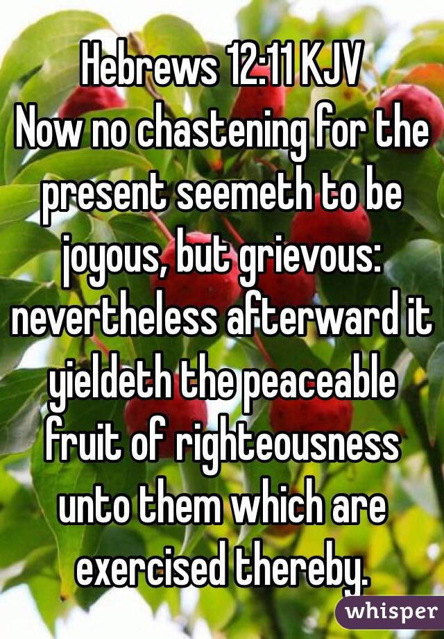 ‭Hebrews‬ ‭12‬:‭11‬ KJV
Now no chastening for the present seemeth to be joyous, but grievous: nevertheless afterward it yieldeth the peaceable fruit of righteousness unto them which are exercised thereby. 