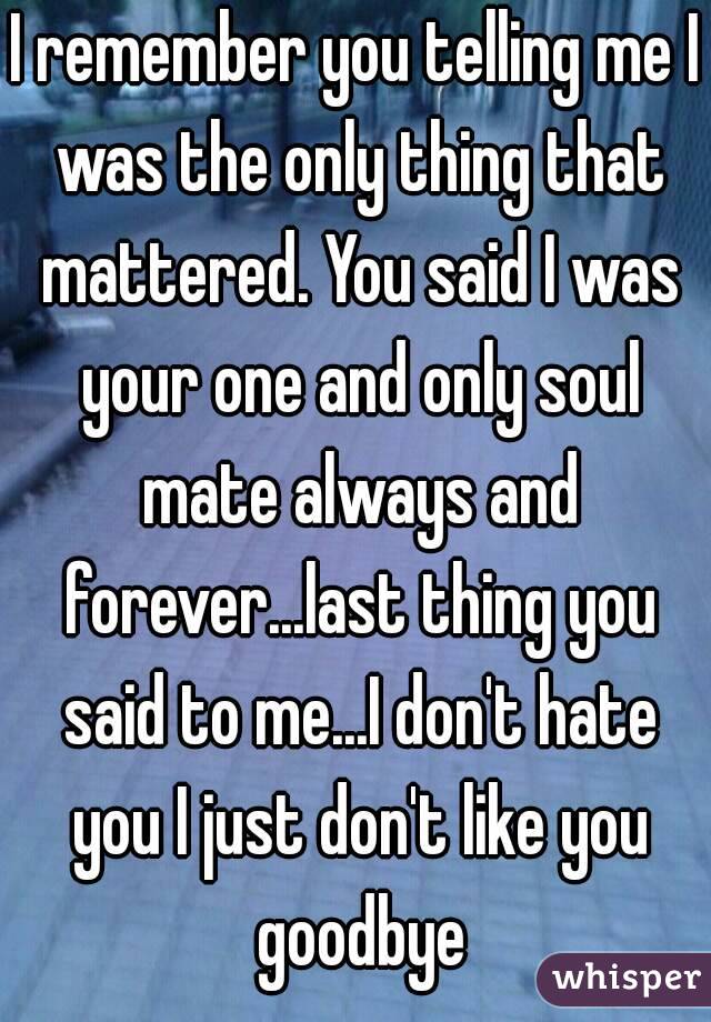 I remember you telling me I was the only thing that mattered. You said I was your one and only soul mate always and forever...last thing you said to me...I don't hate you I just don't like you goodbye